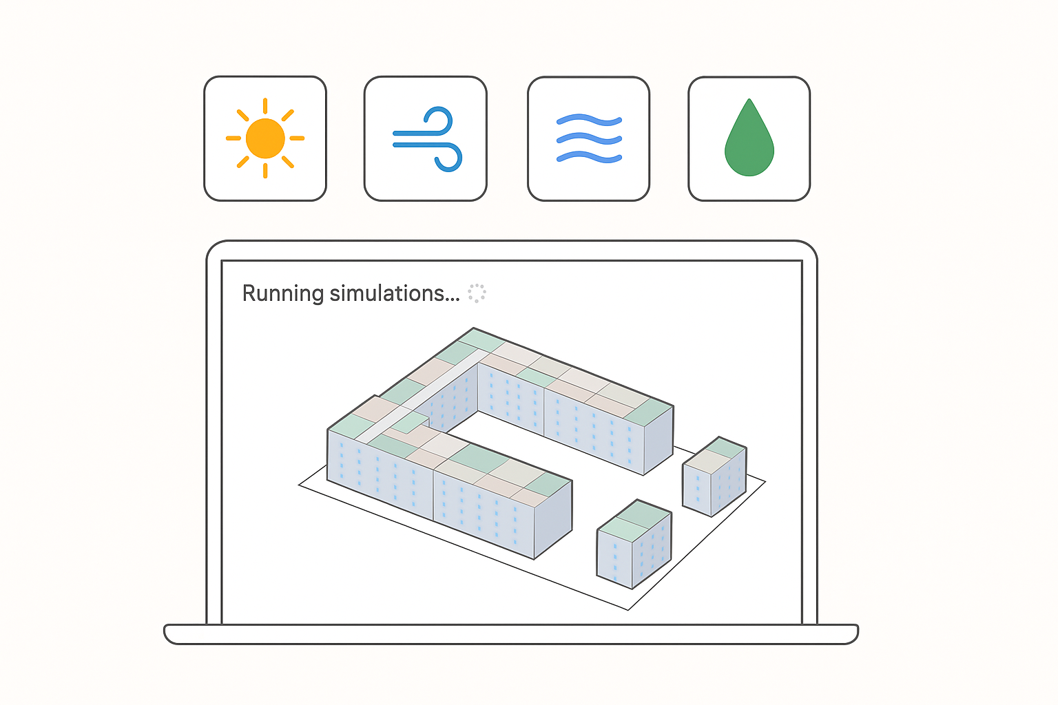 Parallel performance simulations showing sunlight, wind, noise, and energy analysis